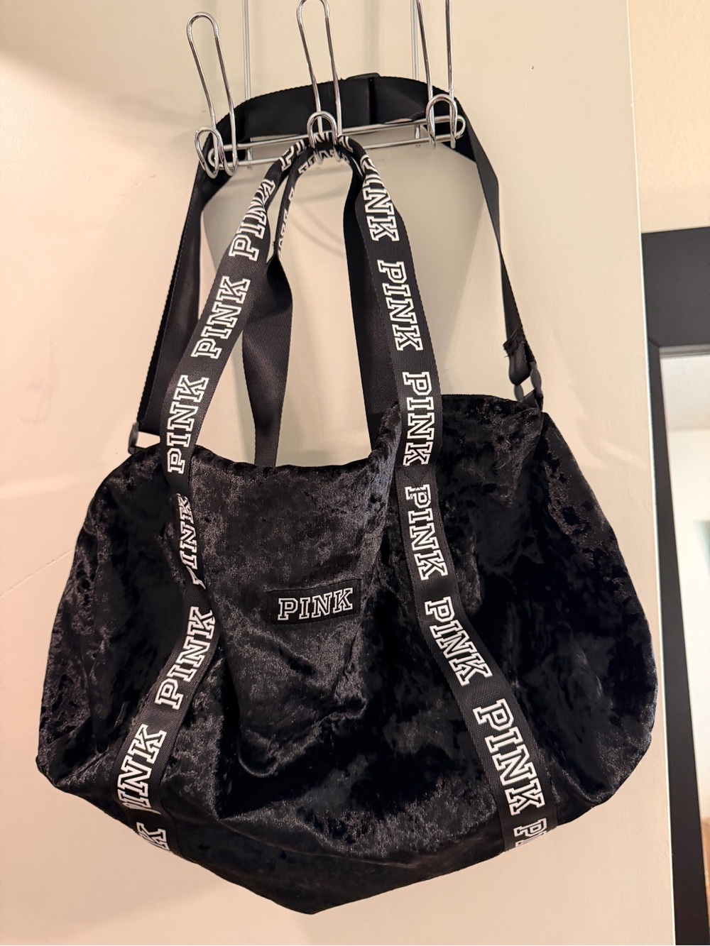 PINK Victoria's Secret Black Velvet Logo Tote with Branded Straps